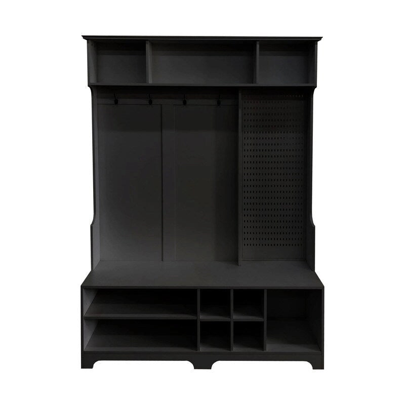Meuble d'entrée avec banc à chaussures, porte-manteau, étagères de rangement et panneau perforé