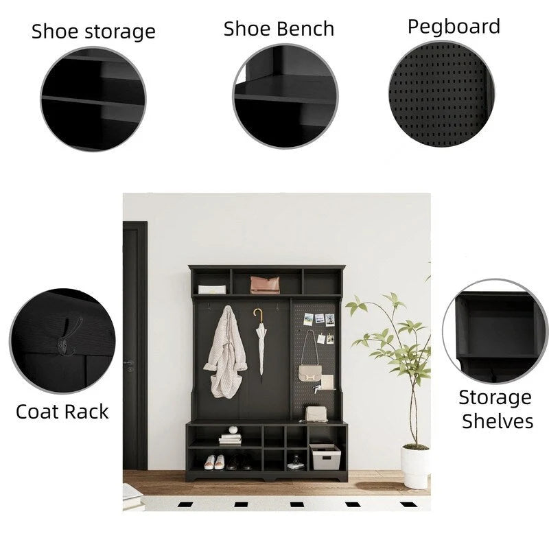 Meuble d'entrée avec banc à chaussures, porte-manteau, étagères de rangement et panneau perforé