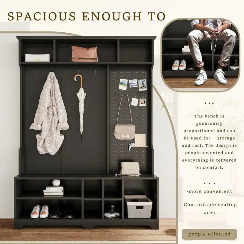 Meuble d'entrée avec banc à chaussures, porte-manteau, étagères de rangement et panneau perforé