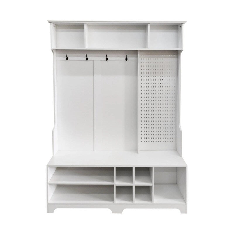 Meuble d'entrée avec banc à chaussures, porte-manteau, étagères de rangement et panneau perforé