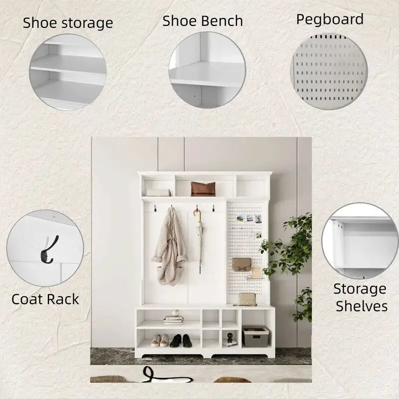 Meuble d'entrée avec banc à chaussures, porte-manteau, étagères de rangement et panneau perforé