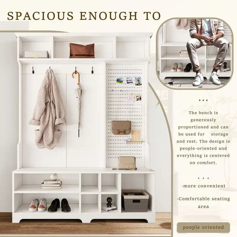 Meuble d'entrée avec banc à chaussures, porte-manteau, étagères de rangement et panneau perforé