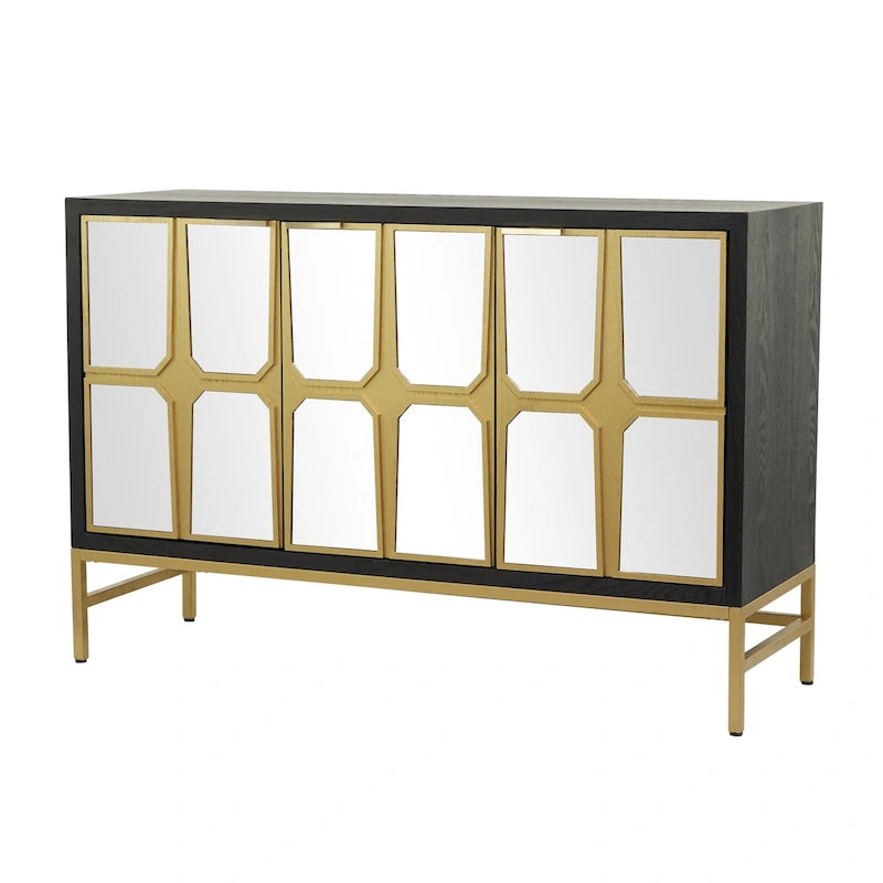 Meuble bas en bois avec façade miroir - Or ou Noir