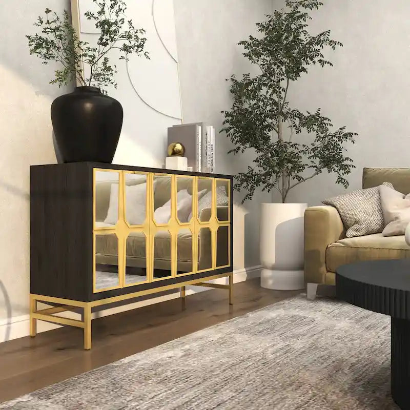 Meuble bas en bois avec façade miroir - Or ou Noir
