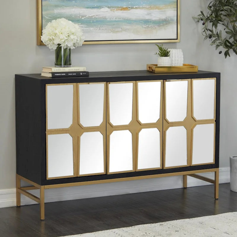 Meuble bas en bois avec façade miroir - Or ou Noir