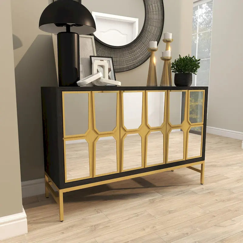 Meuble bas en bois avec façade miroir - Or ou Noir