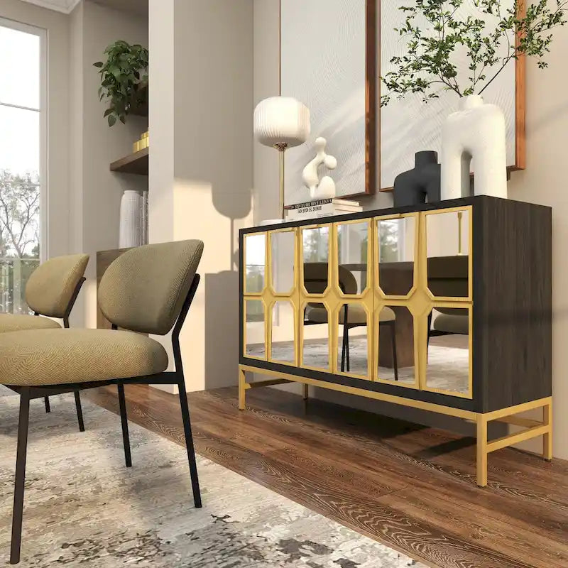 Meuble bas en bois avec façade miroir - Or ou Noir