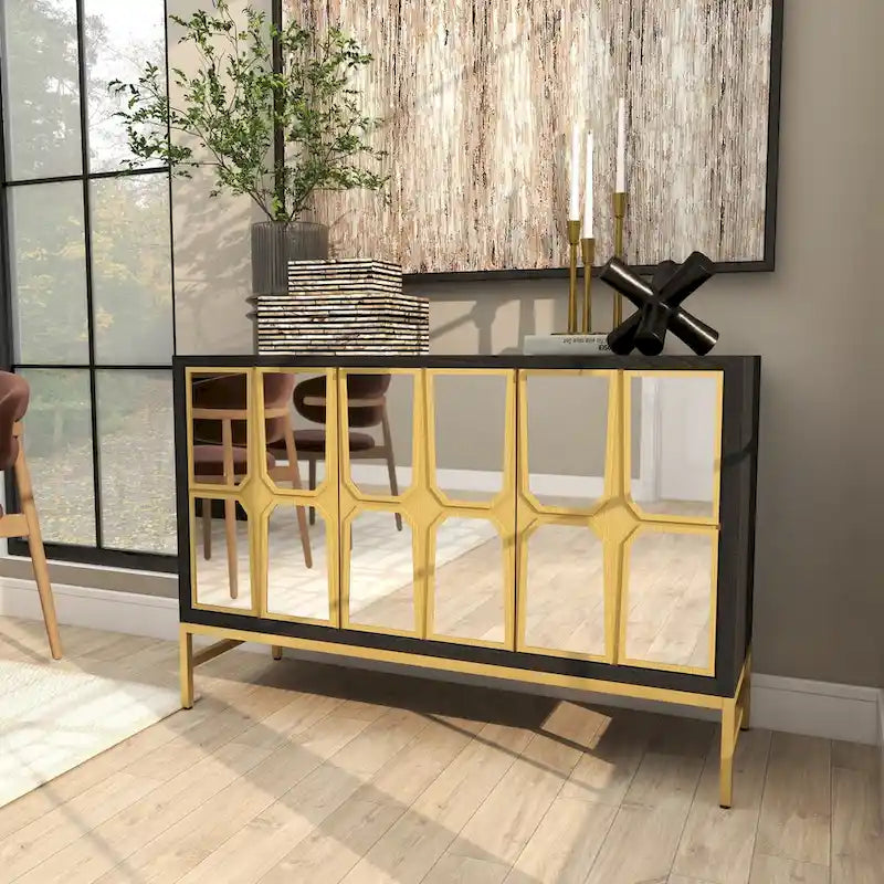 Meuble bas en bois avec façade miroir - Or ou Noir