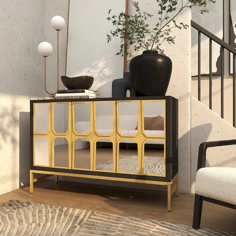 Meuble bas en bois avec façade miroir - Or ou Noir