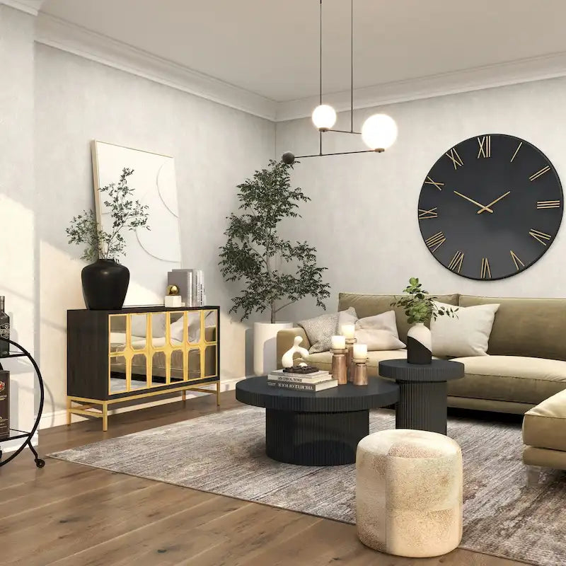 Meuble bas en bois avec façade miroir - Or ou Noir