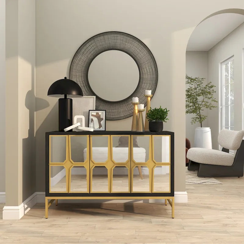 Meuble bas en bois avec façade miroir - Or ou Noir