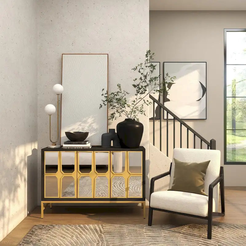 Meuble bas en bois avec façade miroir - Or ou Noir