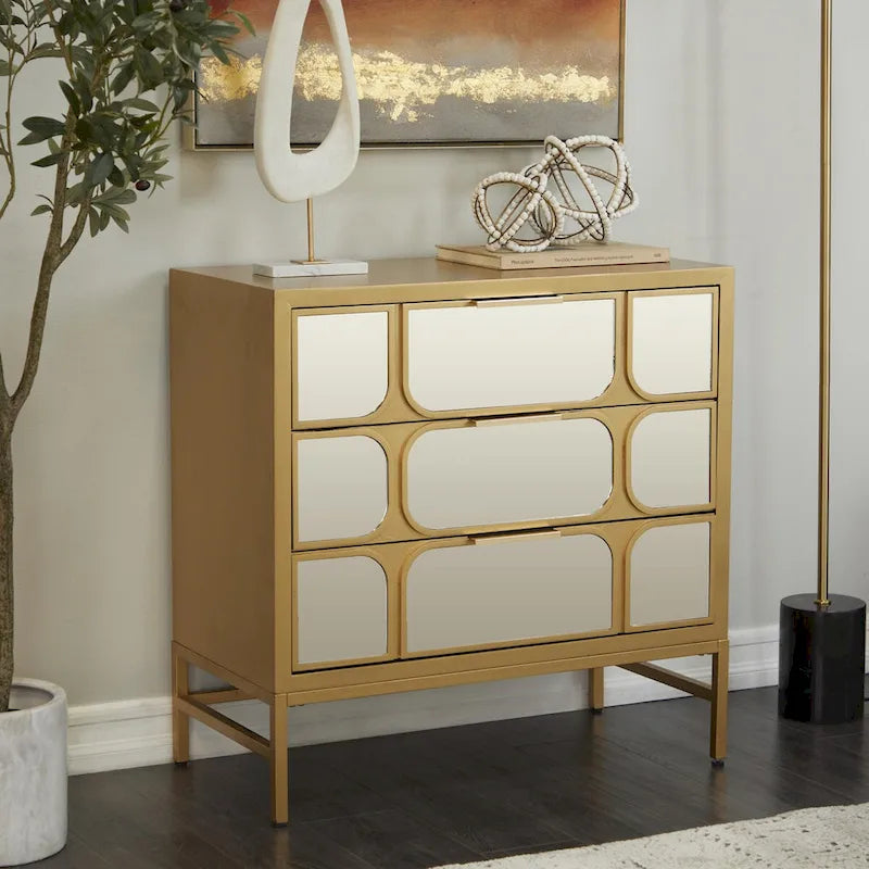 Meuble bas en bois avec façade miroir - Or ou Noir
