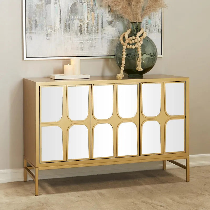 Meuble bas en bois avec façade miroir - Or ou Noir